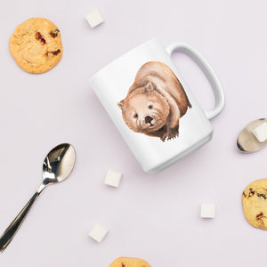Wombat watercolour illustration on a white dishwasher safe ceramic mug by artist Gabrielle Marlow