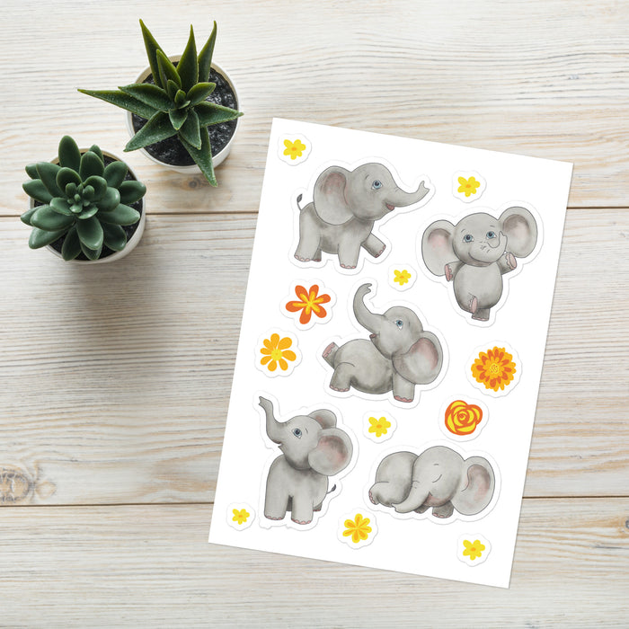 Cute baby elephants hand painted and bright flower sticker sheet