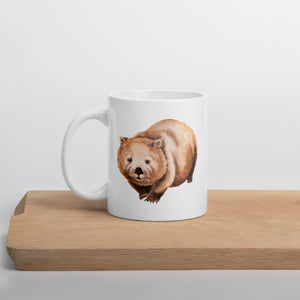 Wombat watercolour illustration on a white dishwasher safe ceramic coffee mug by artist Gabrielle Marlow